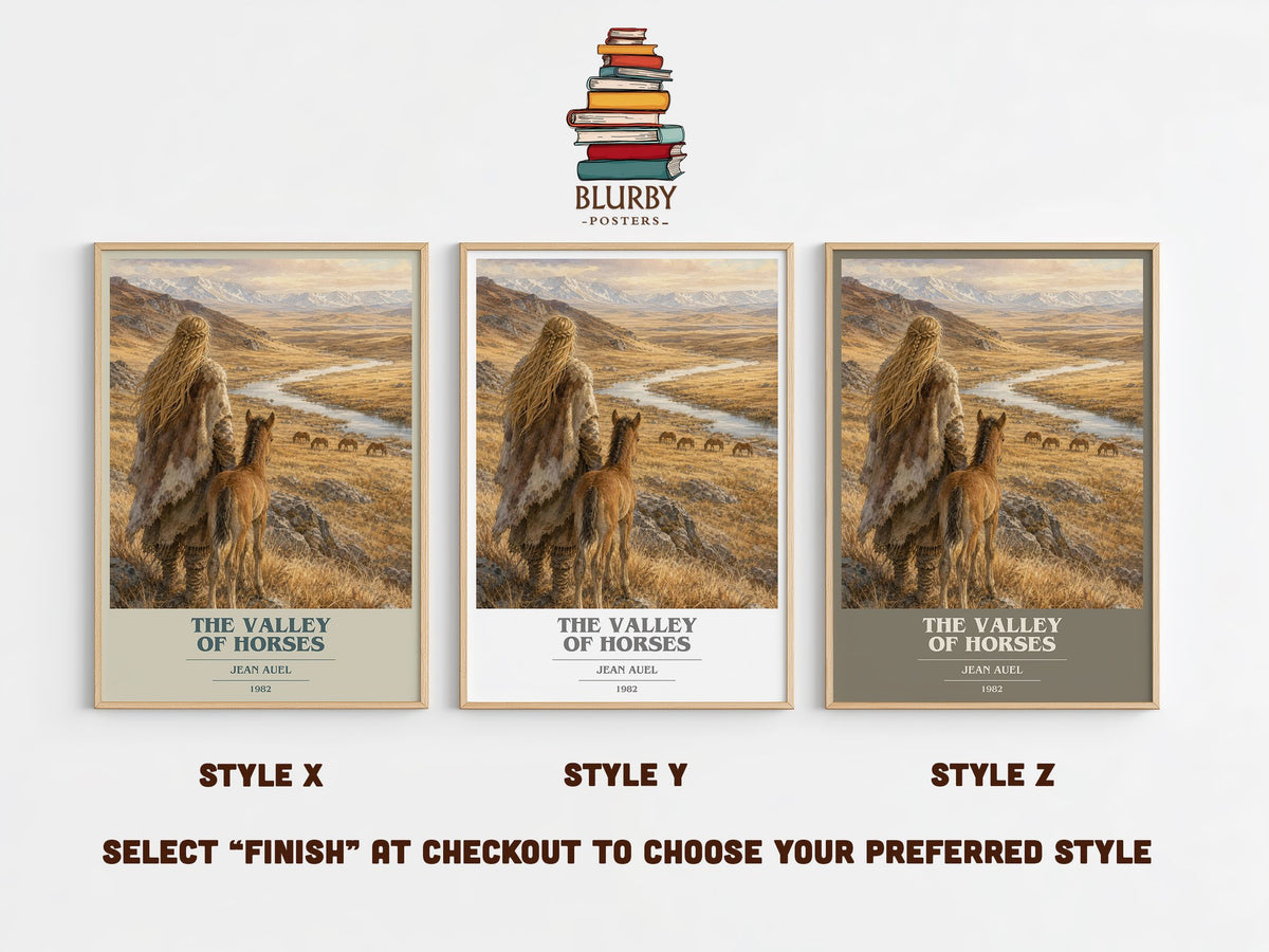 The Valley of Horses book cover print in frame leaning in hallway – historical fiction wall art (mockup)