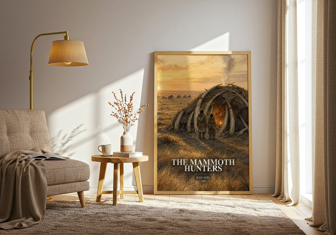 The Mammoth Hunters watercolour print in frame leaning in hallway – historical fiction wall art (mockup)