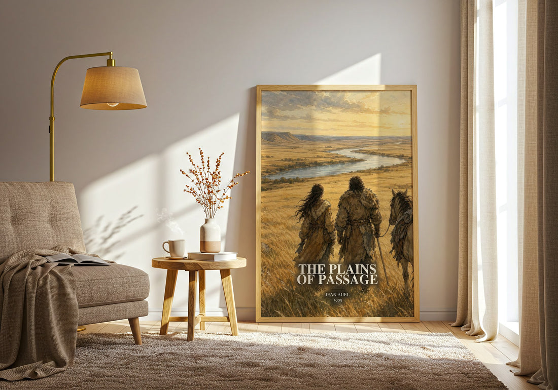 The Plains of Passage watercolour print in frame leaning in hallway – historical fiction wall art (mockup)