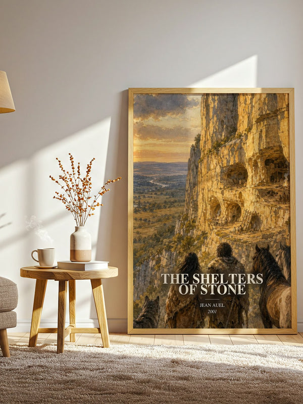 The Shelters of Stone watercolour print in frame leaning in hallway – historical fiction wall art