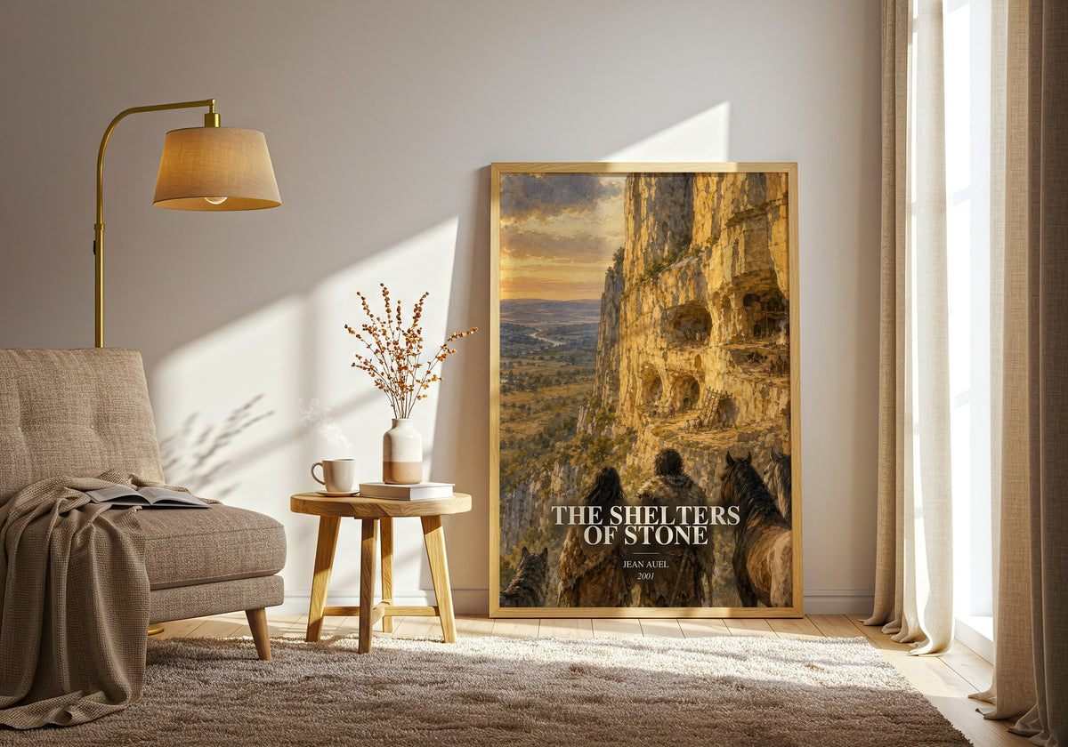 The Shelters of Stone watercolour print in frame leaning in hallway – historical fiction wall art (mockup)