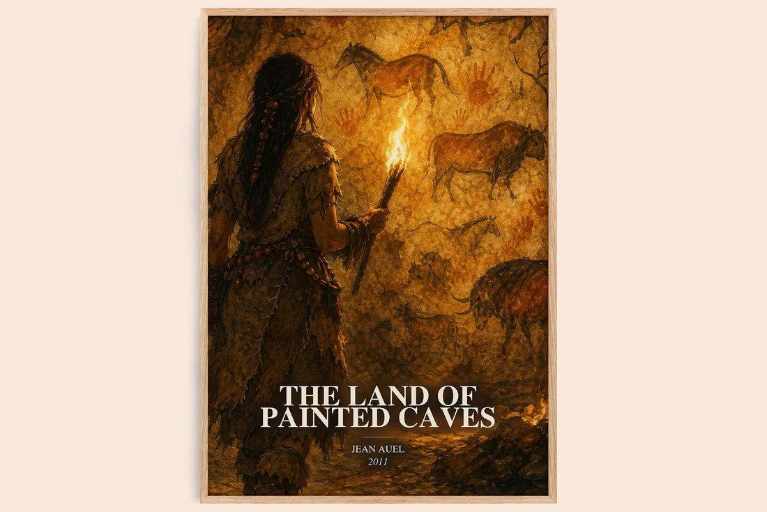 The Land of Painted Caves watercolour book poster by Jean Auel – framed literary art print