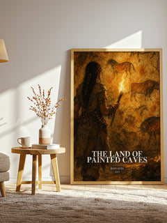 The Land of Painted Caves watercolour print in frame leaning in hallway – historical fiction wall art