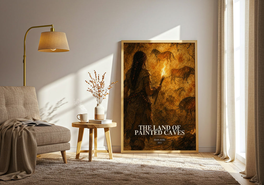 The Land of Painted Caves watercolour print in frame leaning in hallway – historical fiction wall art (mockup)