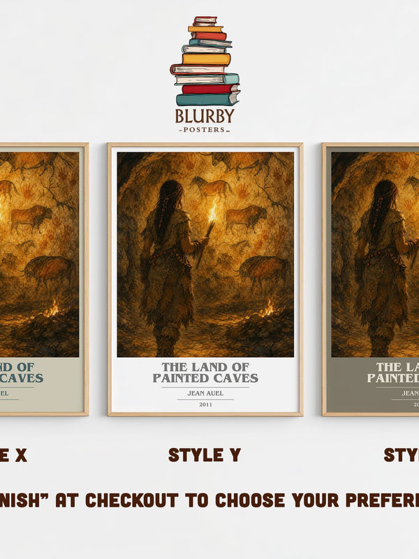 The Land of Painted Caves book cover print in frame leaning in hallway – historical fiction wall art