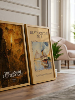 The Land of Painted Caves watercolour print framed by window – literary home decor