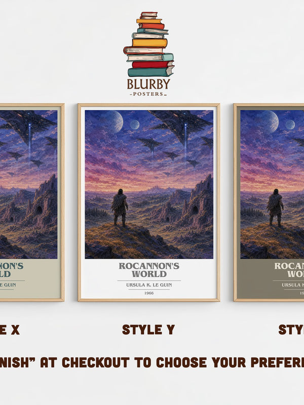 Rocannon's World book cover print in frame leaning in hallway – sci fi wall art