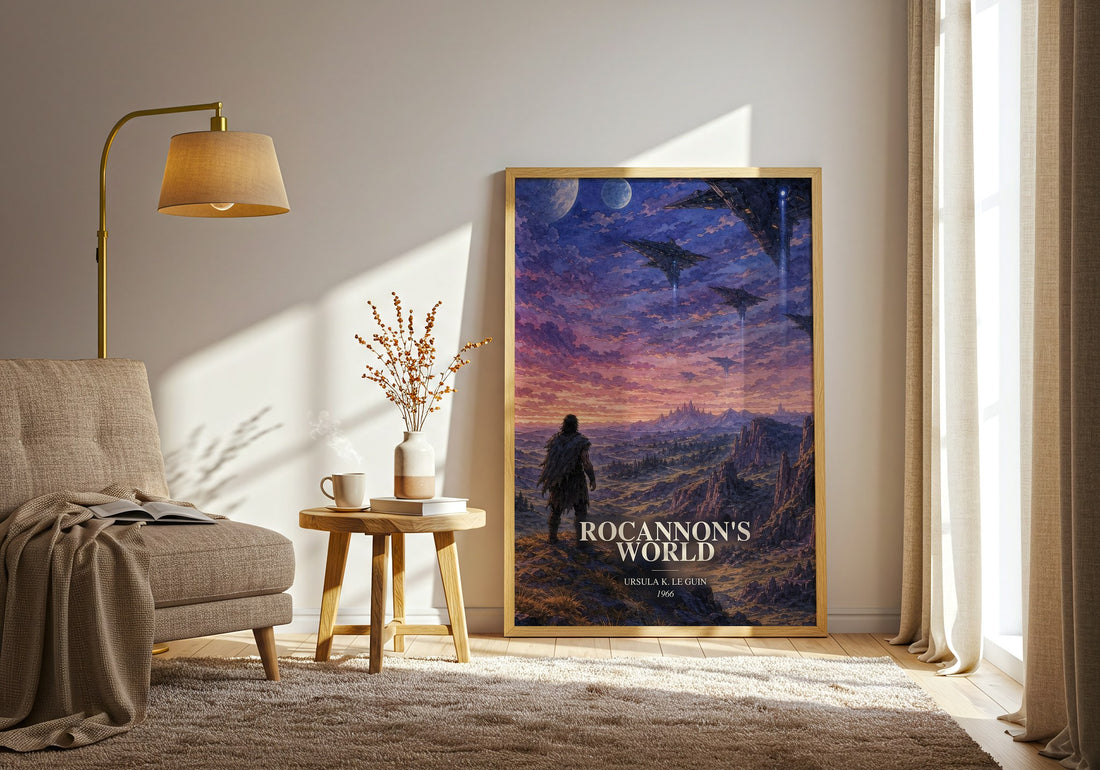 Rocannon's World watercolour print in frame leaning in hallway – sci fi wall art (mockup)