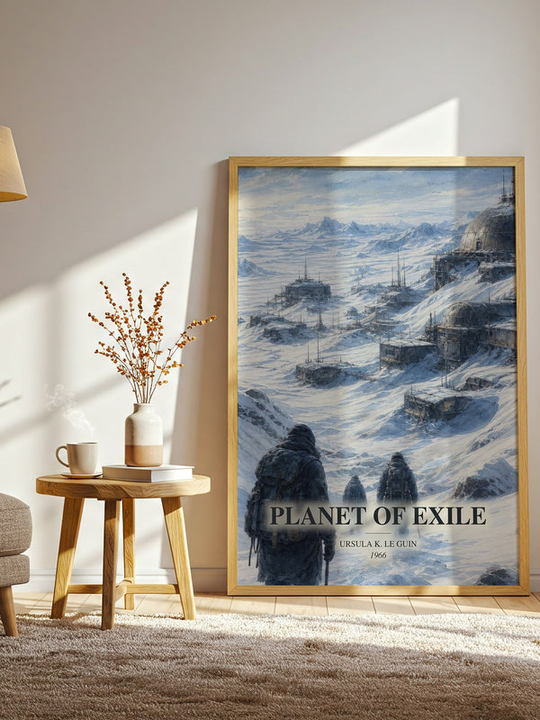 Planet of Exile watercolour print in frame leaning in hallway – sci fi wall art