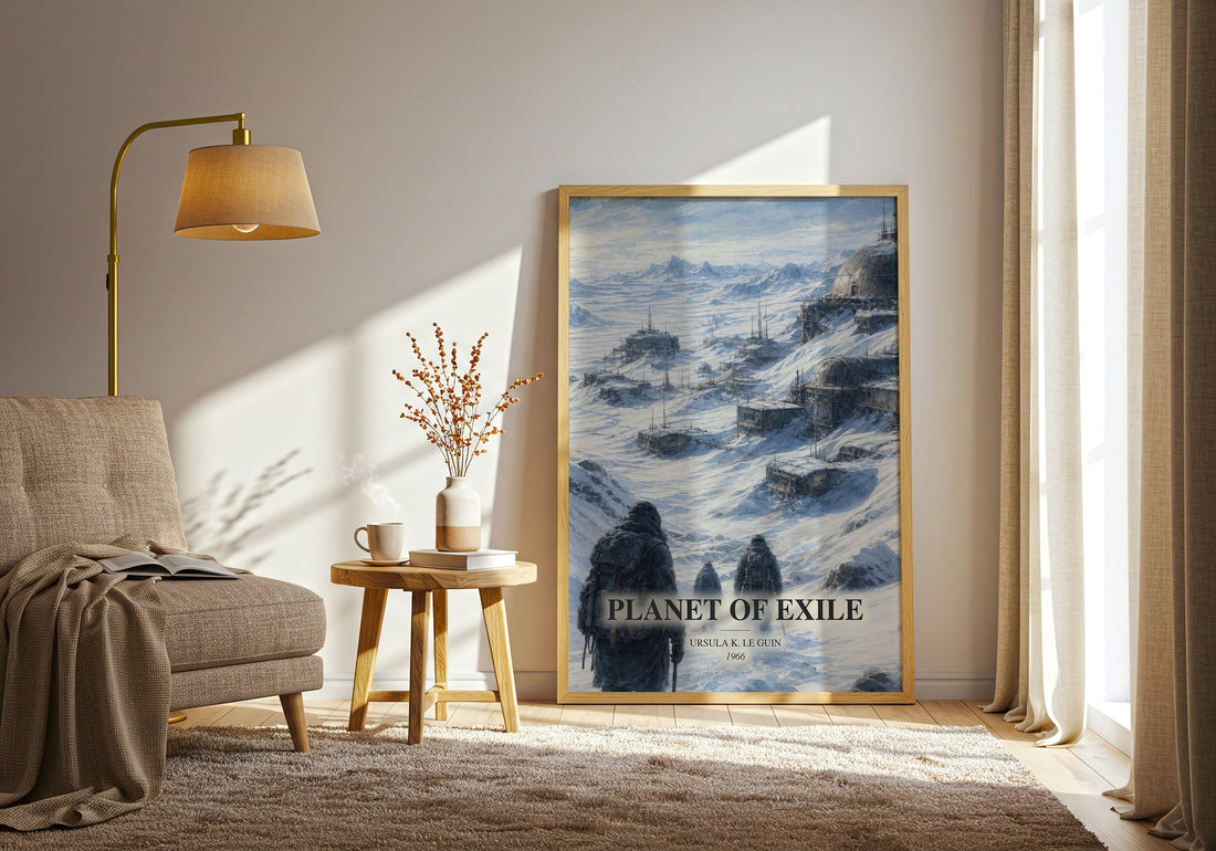 Planet of Exile watercolour print in frame leaning in hallway – sci fi wall art (mockup)