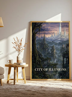 City of Illusions watercolour print in frame leaning in hallway – sci fi wall art