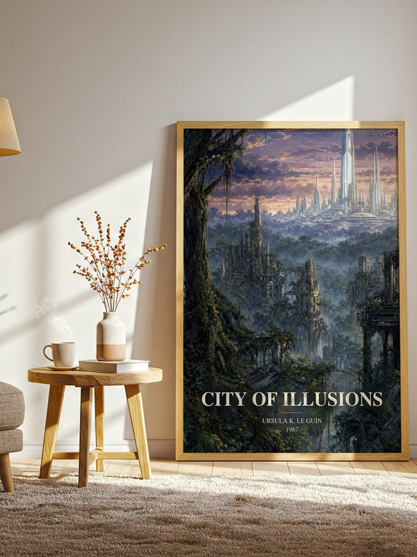 City of Illusions watercolour print in frame leaning in hallway – sci fi wall art