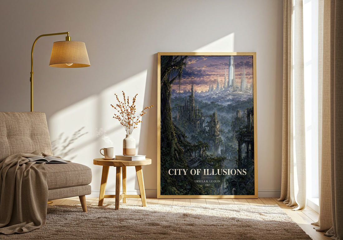 City of Illusions watercolour print in frame leaning in hallway – sci fi wall art (mockup)