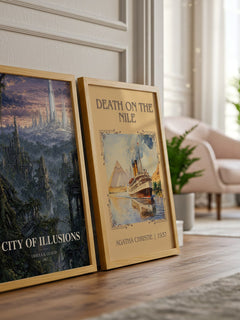 City of Illusions watercolour print framed by window – literary home decor