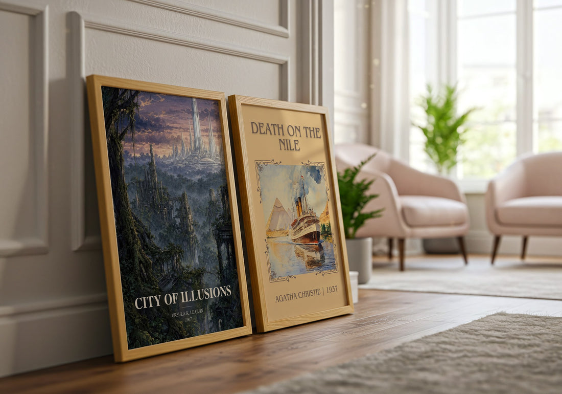City of Illusions watercolour print framed by window – literary home decor