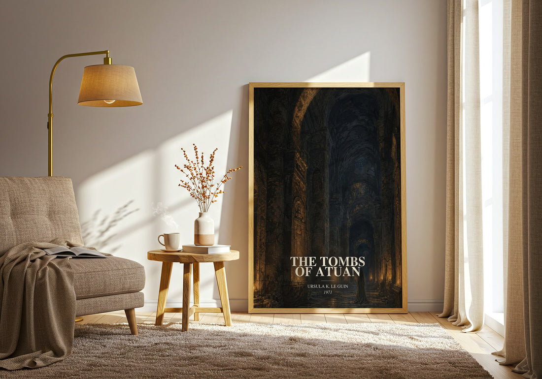 The Tombs of Atuan watercolour print in frame leaning in hallway – fantasy wall art (mockup)
