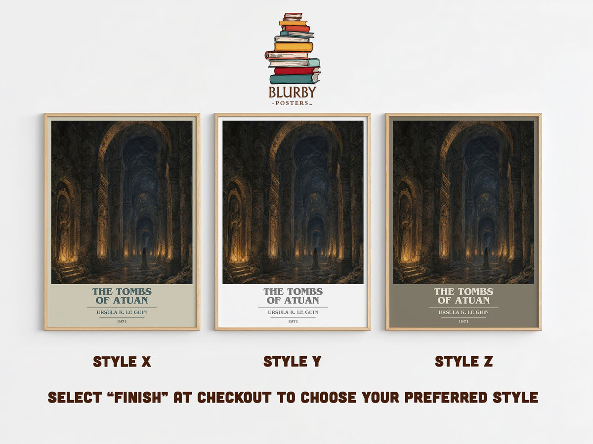 The Tombs of Atuan book cover print in frame leaning in hallway – fantasy wall art (mockup)
