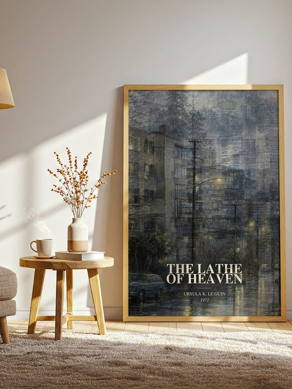 The Lathe of Heaven watercolour print in frame leaning in hallway – sci fi wall art