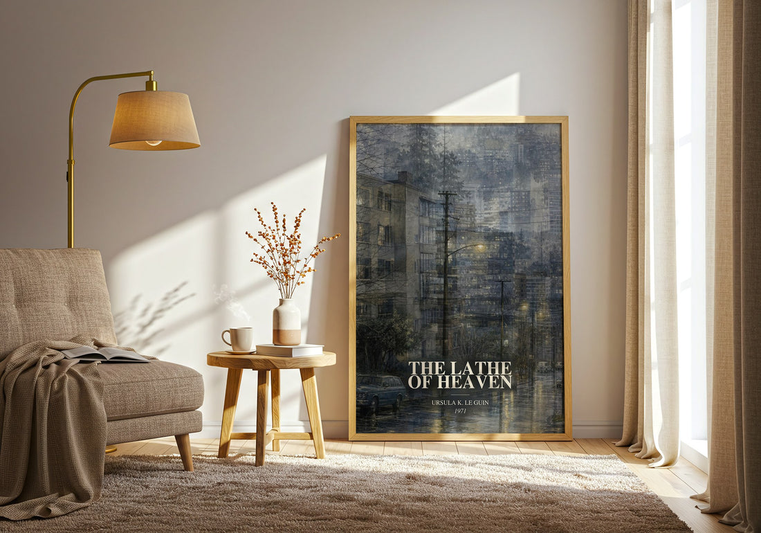 The Lathe of Heaven watercolour print in frame leaning in hallway – sci fi wall art (mockup)