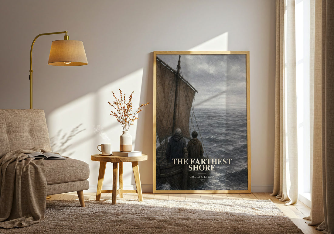The Farthest Shore watercolour print in frame leaning in hallway – fantasy wall art (mockup)