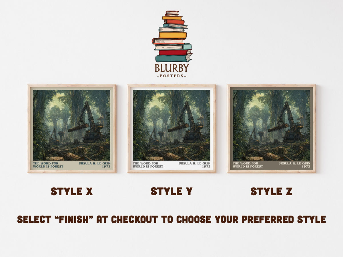 The Word for World Is Forest literary print in frame leaning in hallway – sci fi wall art (mockup)