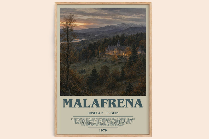 Malafrena bookish book poster by Ursula K. Le Guin – framed literary art print