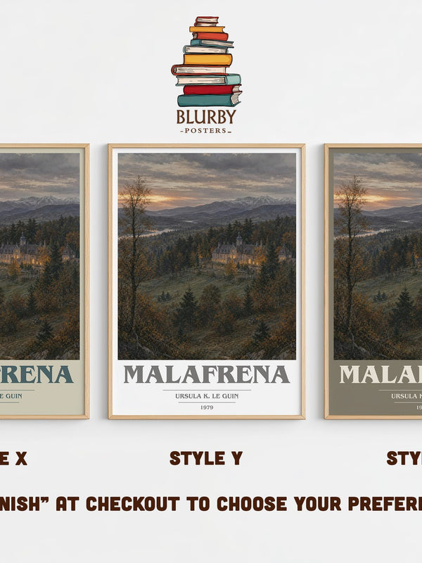 Malafrena book cover print in frame leaning in hallway – historical fiction wall art