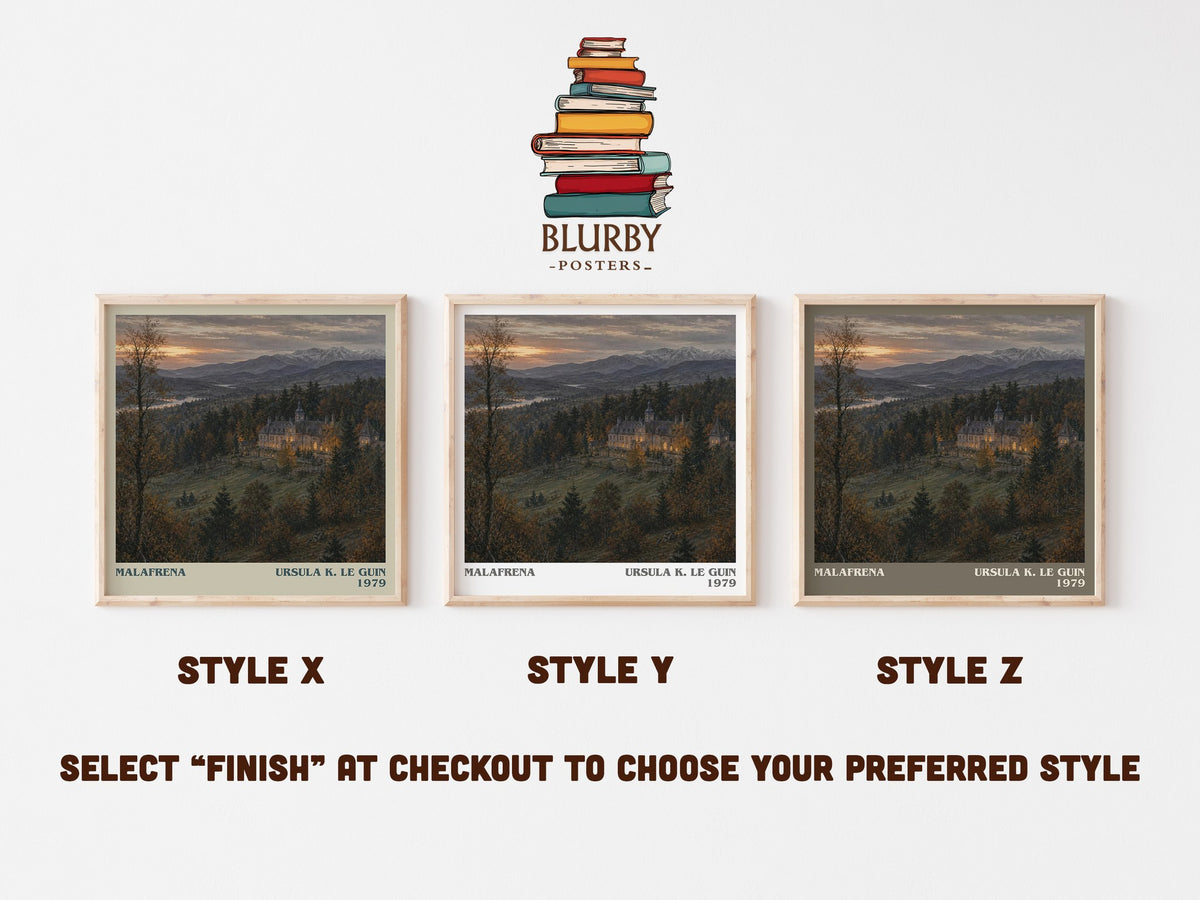 Malafrena literary print in frame leaning in hallway – historical fiction wall art (mockup)