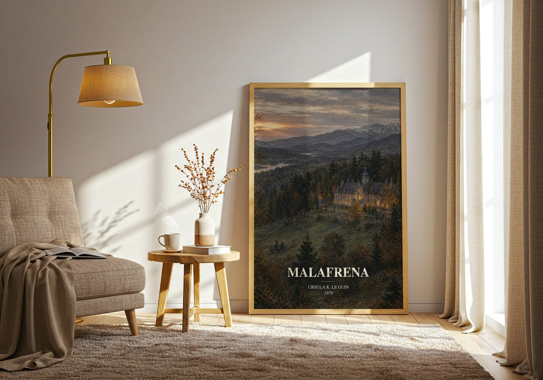 Malafrena watercolour print in frame leaning in hallway – historical fiction wall art (mockup)