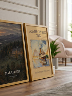 Malafrena watercolour print framed by window – literary home decor
