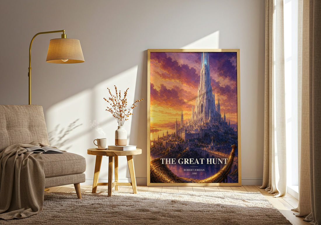 The Great Hunt watercolour print in frame leaning in hallway – fantasy wall art (mockup)