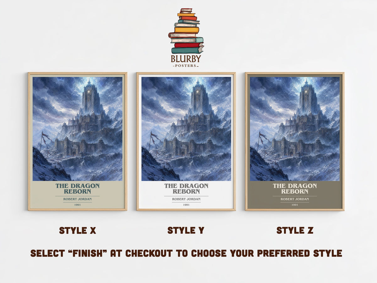 The Dragon Reborn book cover print in frame leaning in hallway – fantasy wall art (mockup)