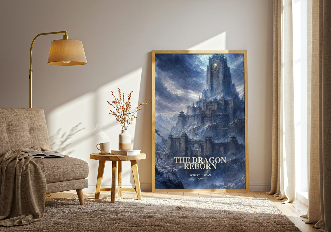 The Dragon Reborn watercolour print in frame leaning in hallway – fantasy wall art (mockup)