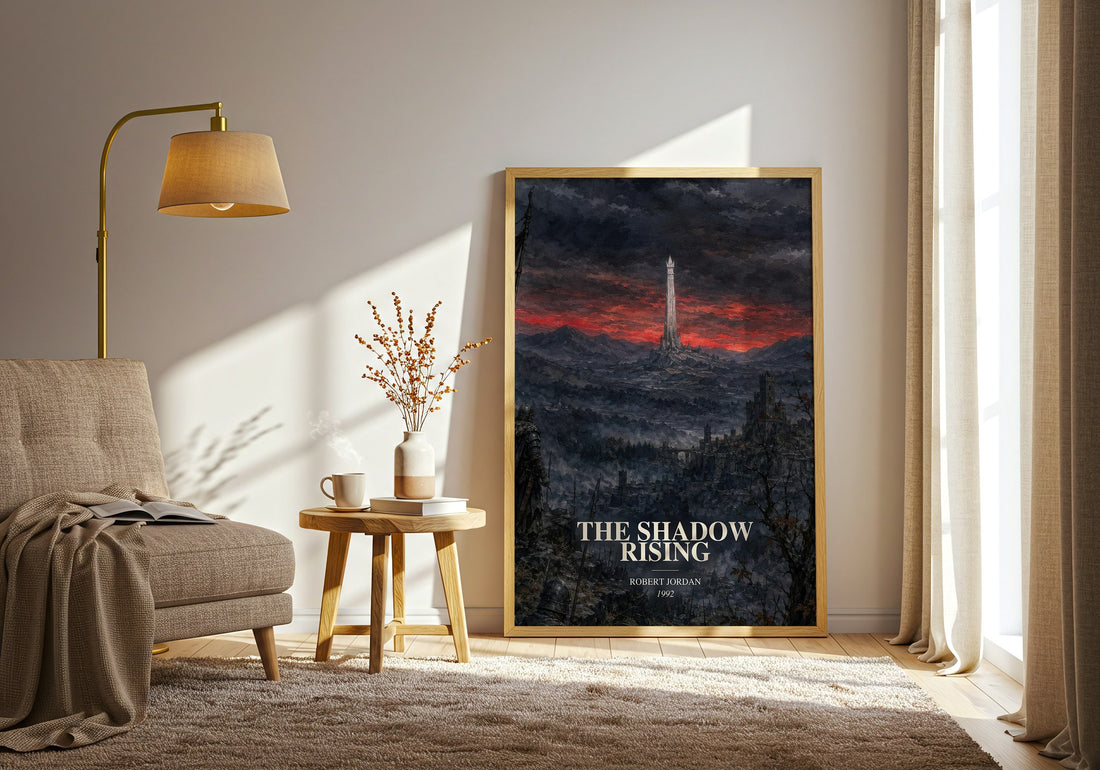 The Shadow Rising watercolour print in frame leaning in hallway – fantasy wall art (mockup)