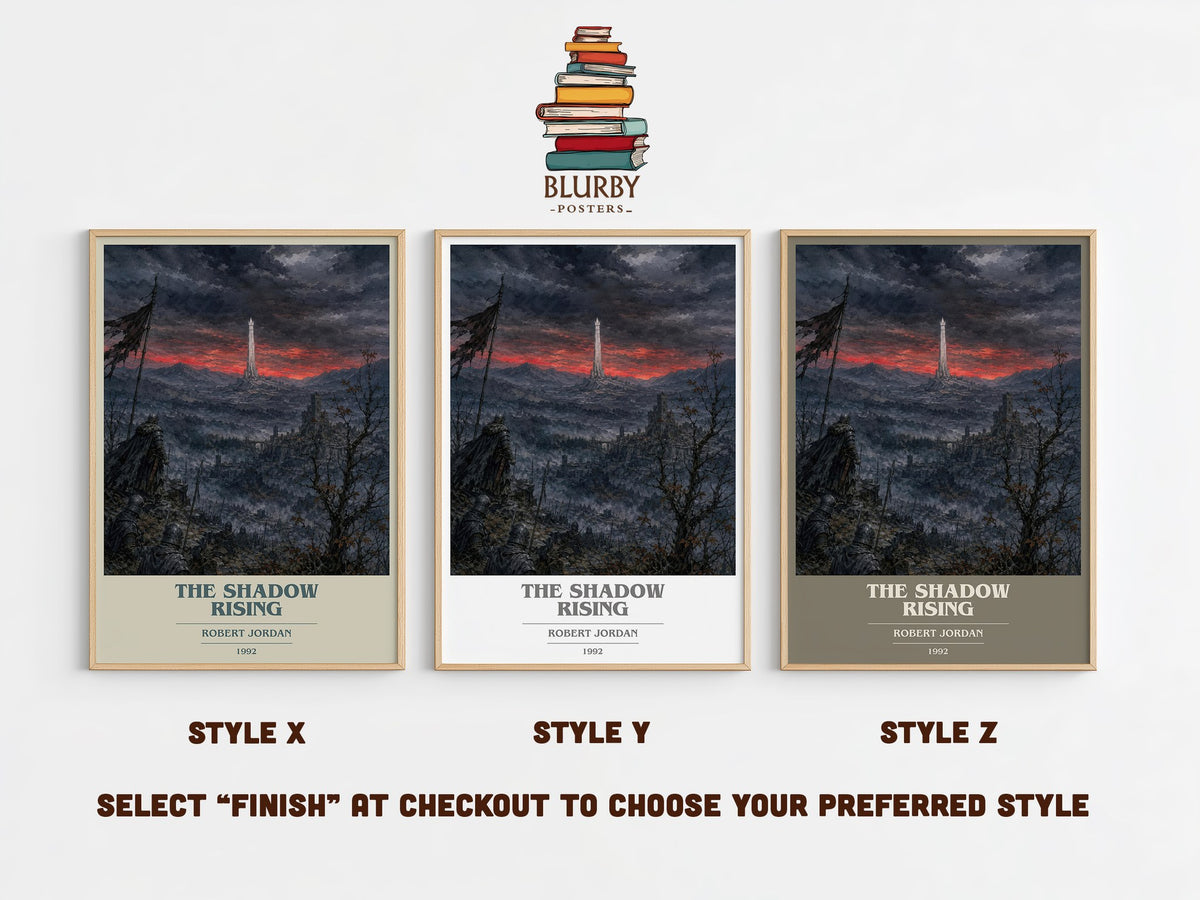 The Shadow Rising book cover print in frame leaning in hallway – fantasy wall art (mockup)
