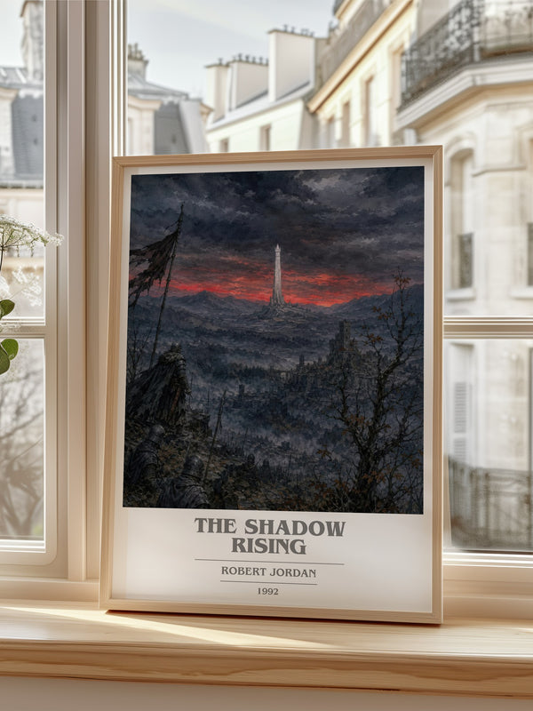 The Shadow Rising Book Cover Poster by Robert Jordan – framed print by a bright window