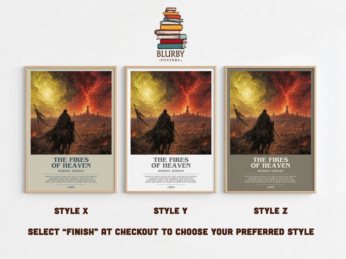 The Fires of Heaven bookish print in frame leaning in hallway – fantasy wall art (mockup)