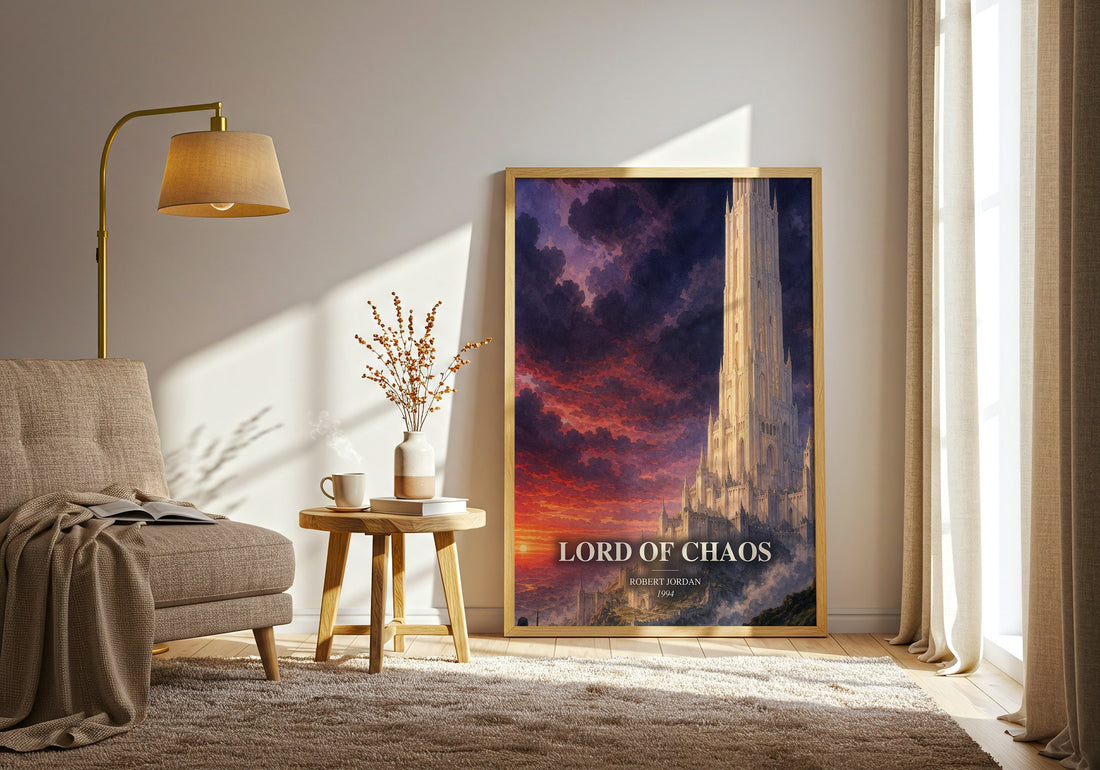 Lord of Chaos watercolour print in frame leaning in hallway – fantasy wall art (mockup)