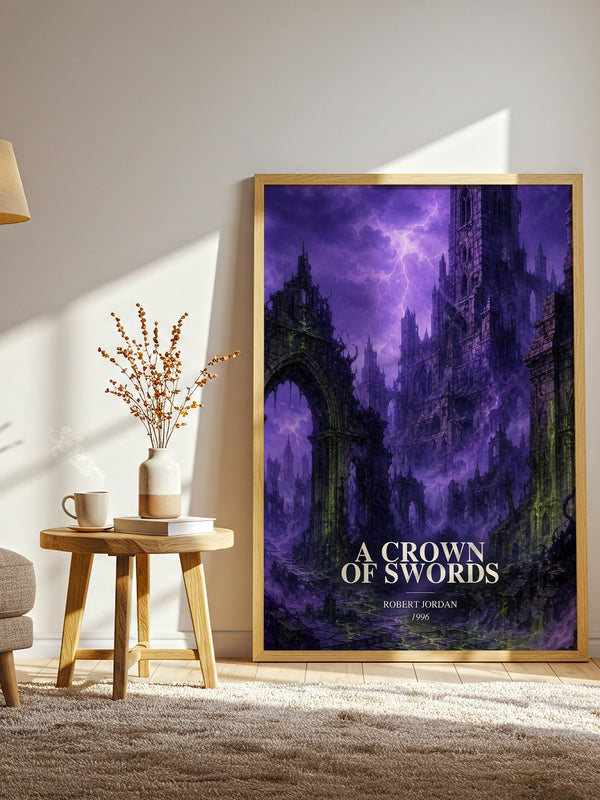 A Crown of Swords watercolour print in frame leaning in hallway – fantasy wall art