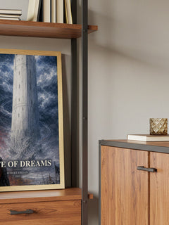 Knife of Dreams Book Watercolour Illustration by Robert Jordan – framed print on a shelf by a wooden cabinet