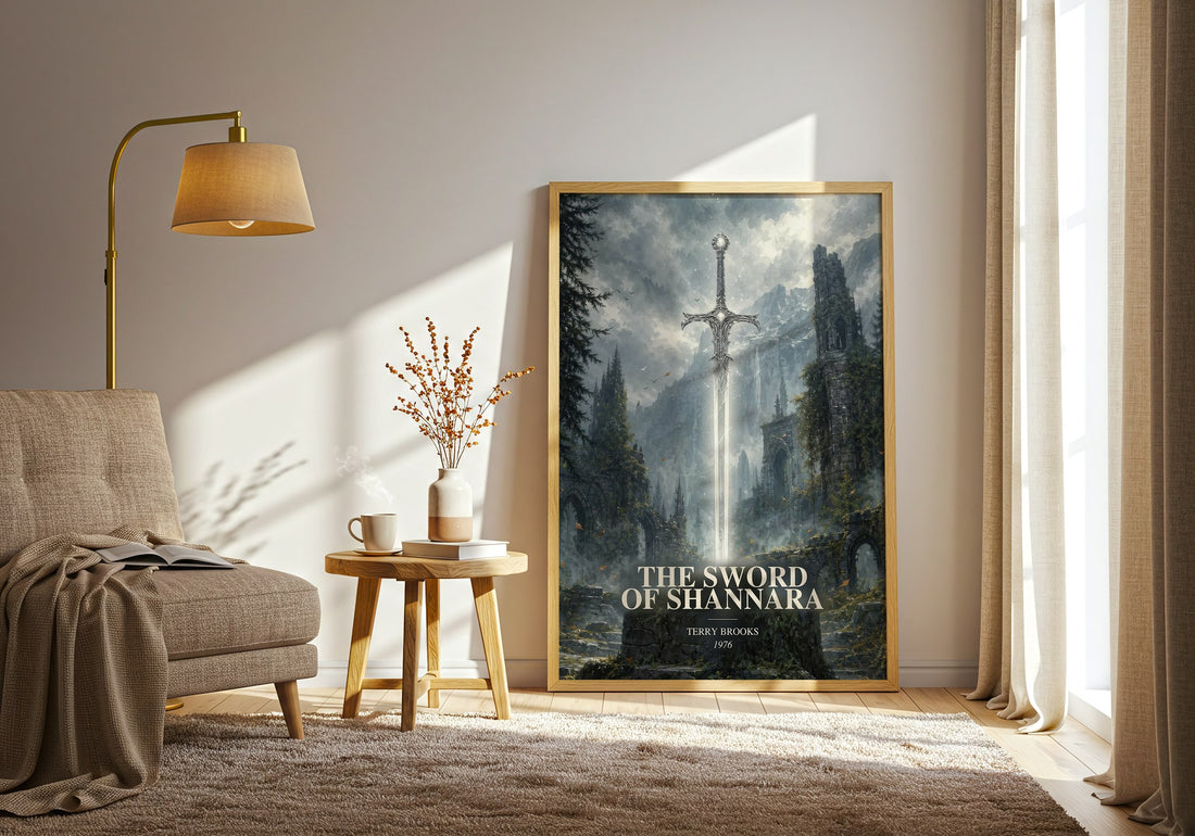 The Sword of Shannara watercolour print in frame leaning in hallway – fantasy wall art (mockup)