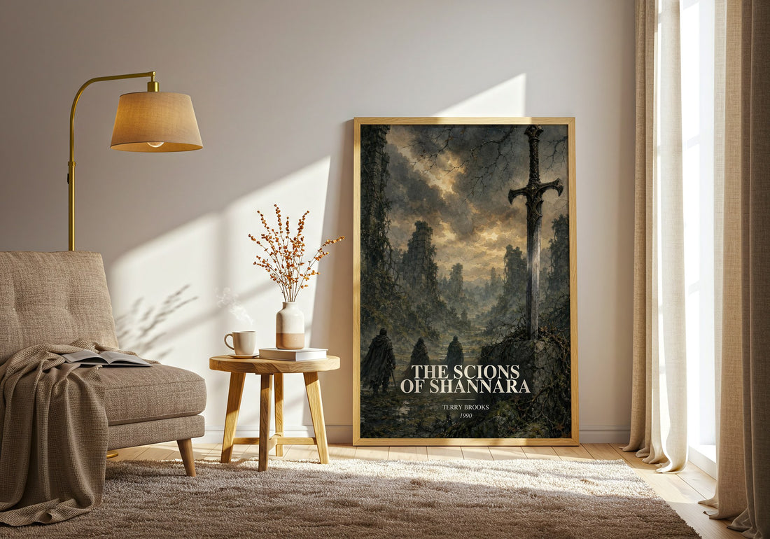 The Scions of Shannara watercolour print in frame leaning in hallway – fantasy wall art (mockup)