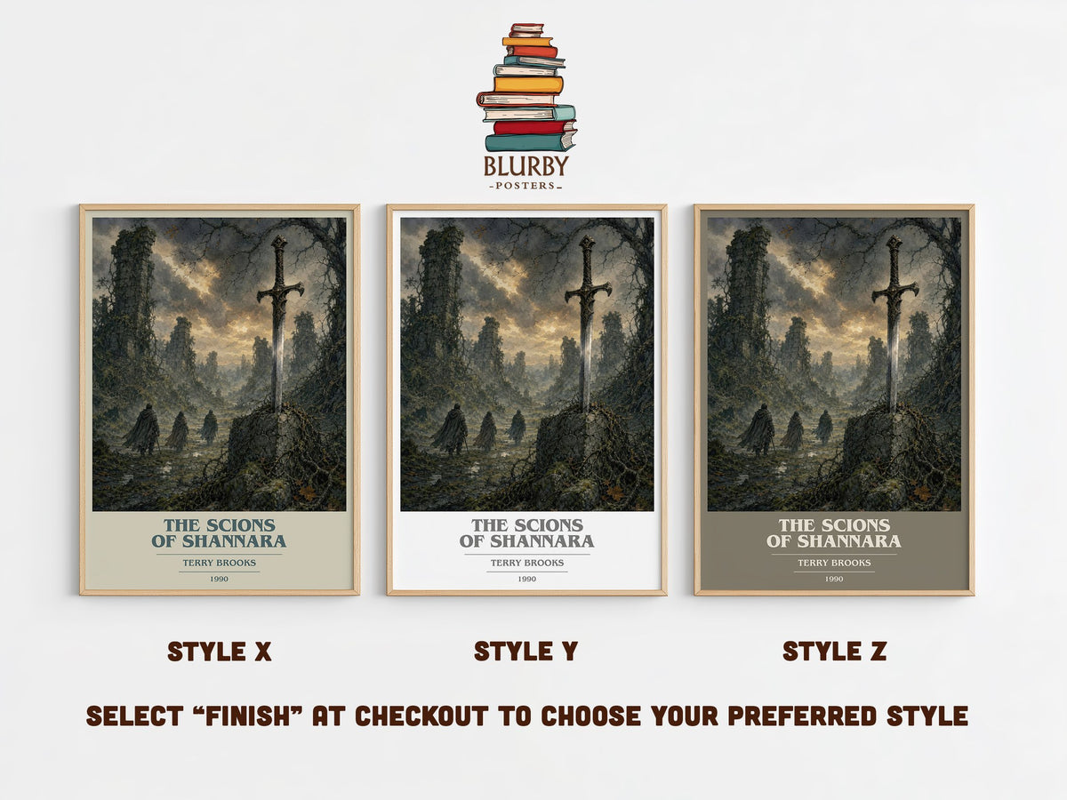 The Scions of Shannara book cover print in frame leaning in hallway – fantasy wall art (mockup)