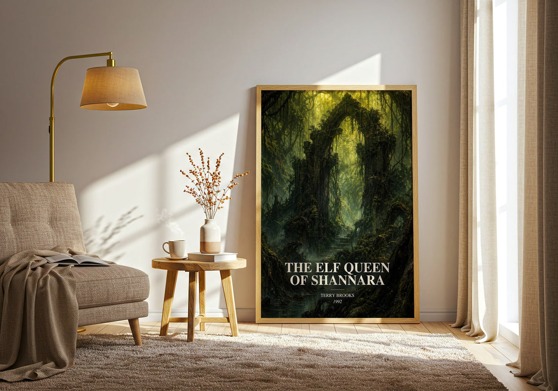 The Elf Queen of Shannara watercolour print in frame leaning in hallway – fantasy wall art (mockup)