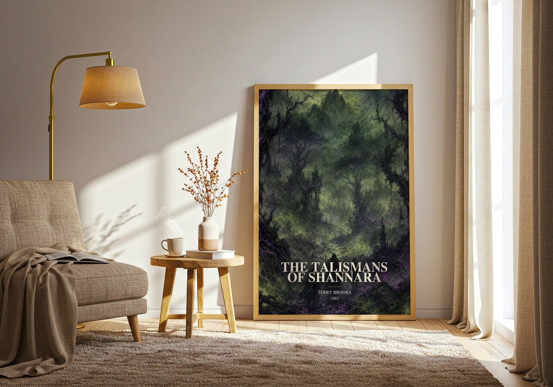 The Talismans of Shannara watercolour print in frame leaning in hallway – fantasy wall art (mockup)