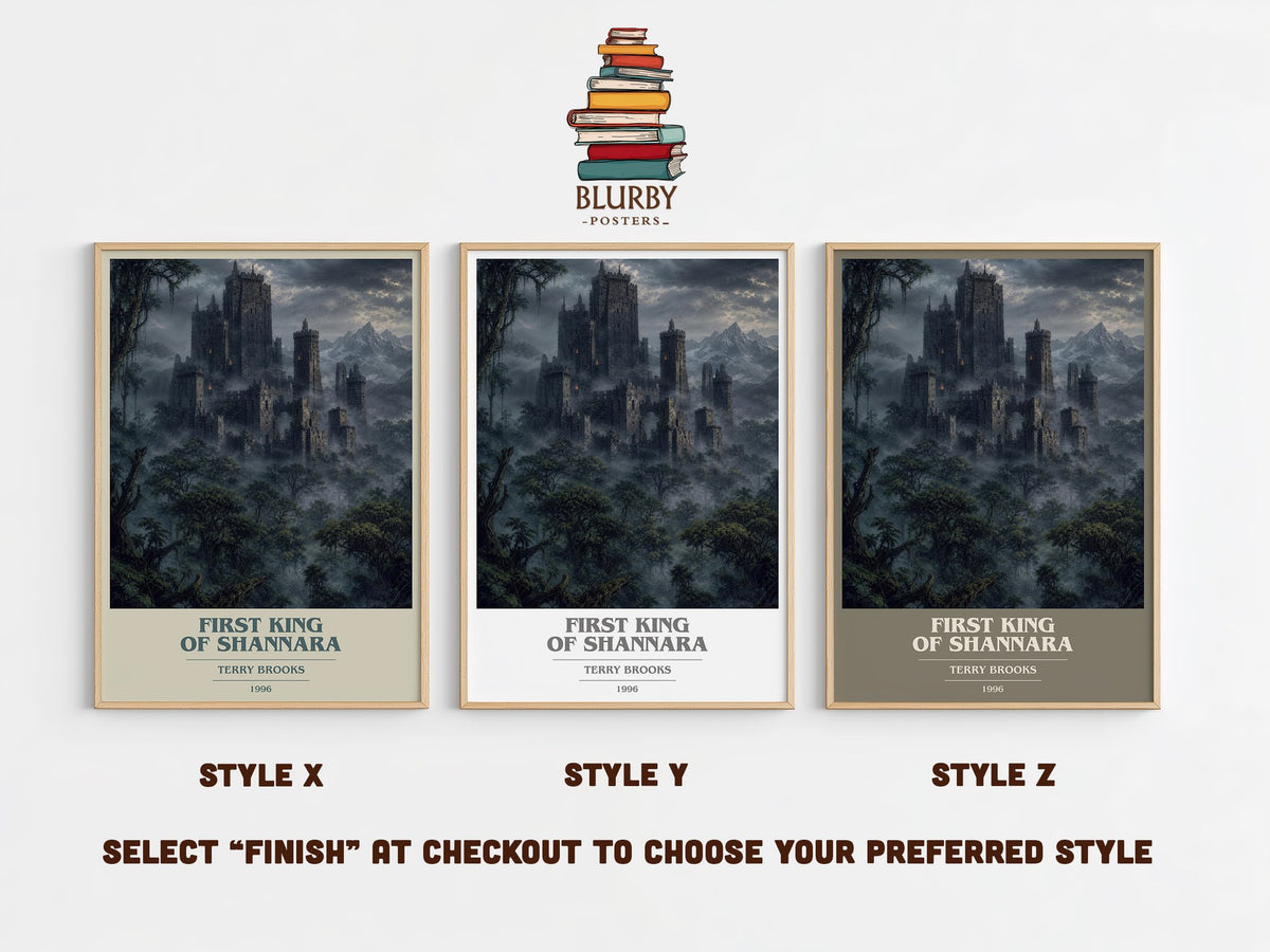 First King of Shannara book cover print in frame leaning in hallway – fantasy wall art (mockup)