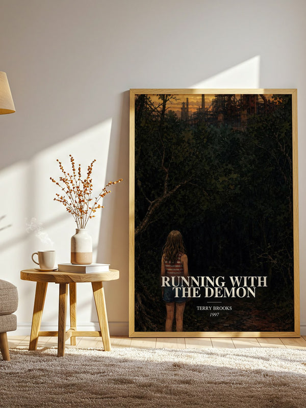 Running with the Demon watercolour print in frame leaning in hallway – fantasy wall art