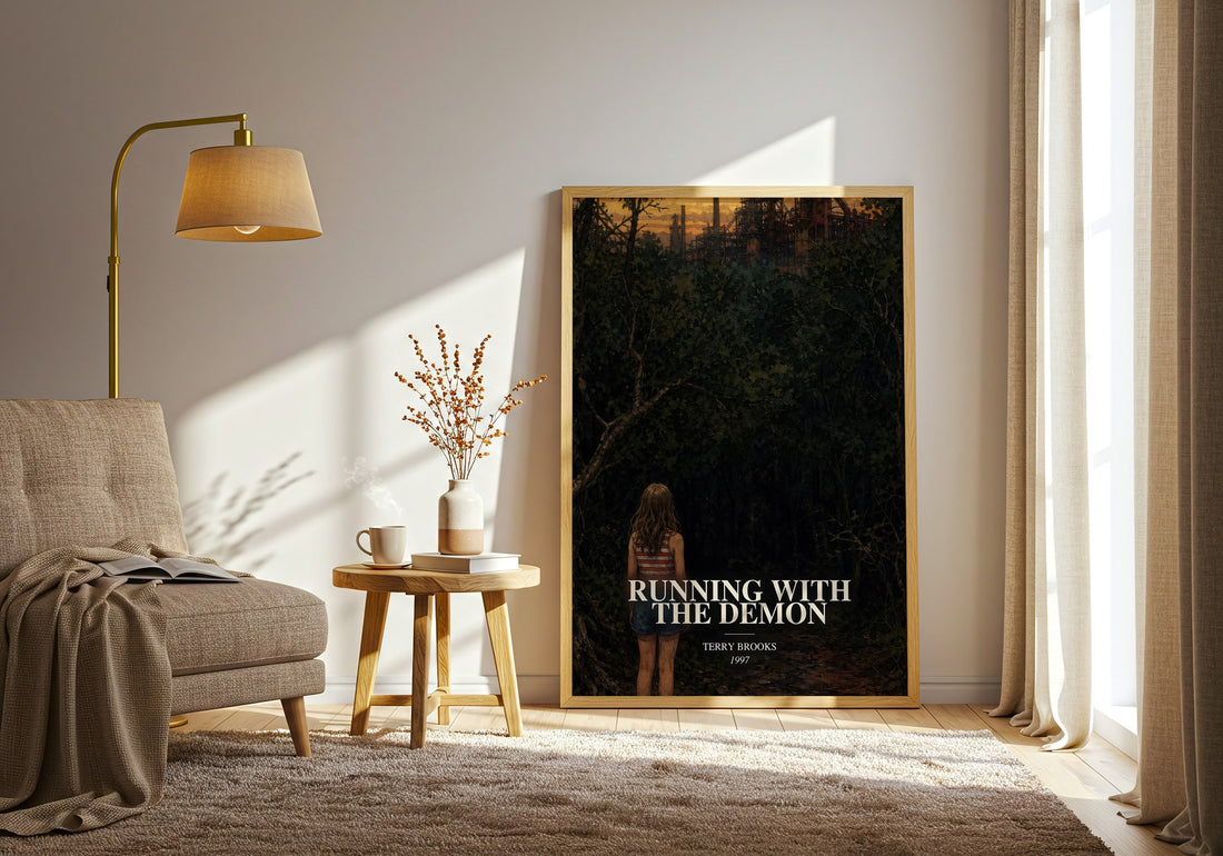 Running with the Demon watercolour print in frame leaning in hallway – fantasy wall art (mockup)