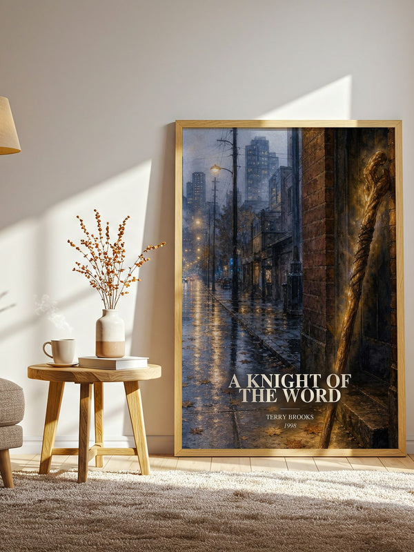 A Knight of the Word watercolour print in frame leaning in hallway – fantasy wall art