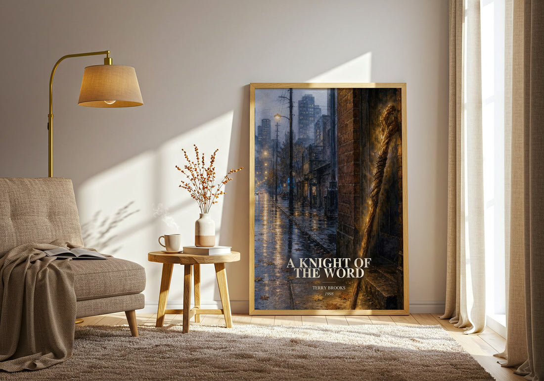 A Knight of the Word watercolour print in frame leaning in hallway – fantasy wall art (mockup)